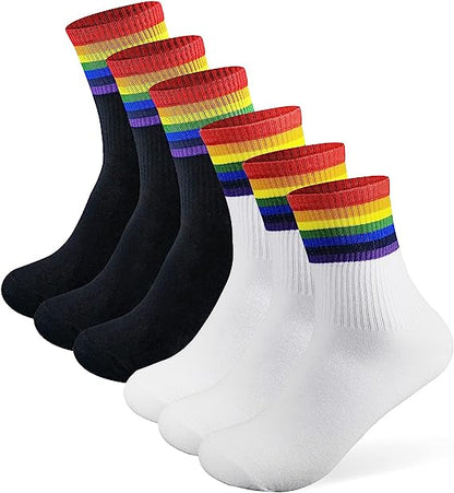 6 paar katoenen sokken met hoge enkel en casual strepen, zwart-wit gestreept, Rainbow Pride voor heren en dames, compressie